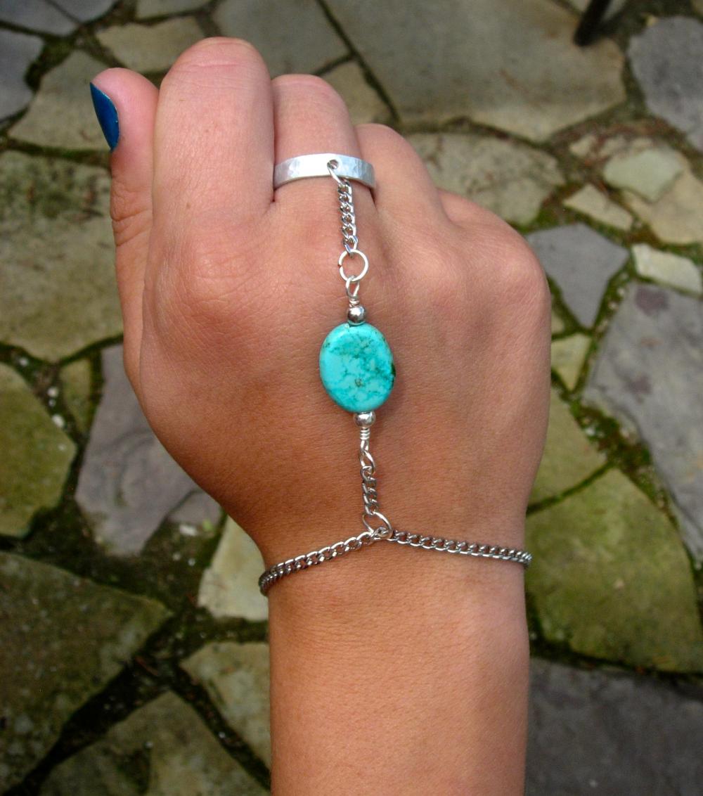 Silver And Turquoise Slave Bracelet, Chains And Adjustable Ring on Luulla